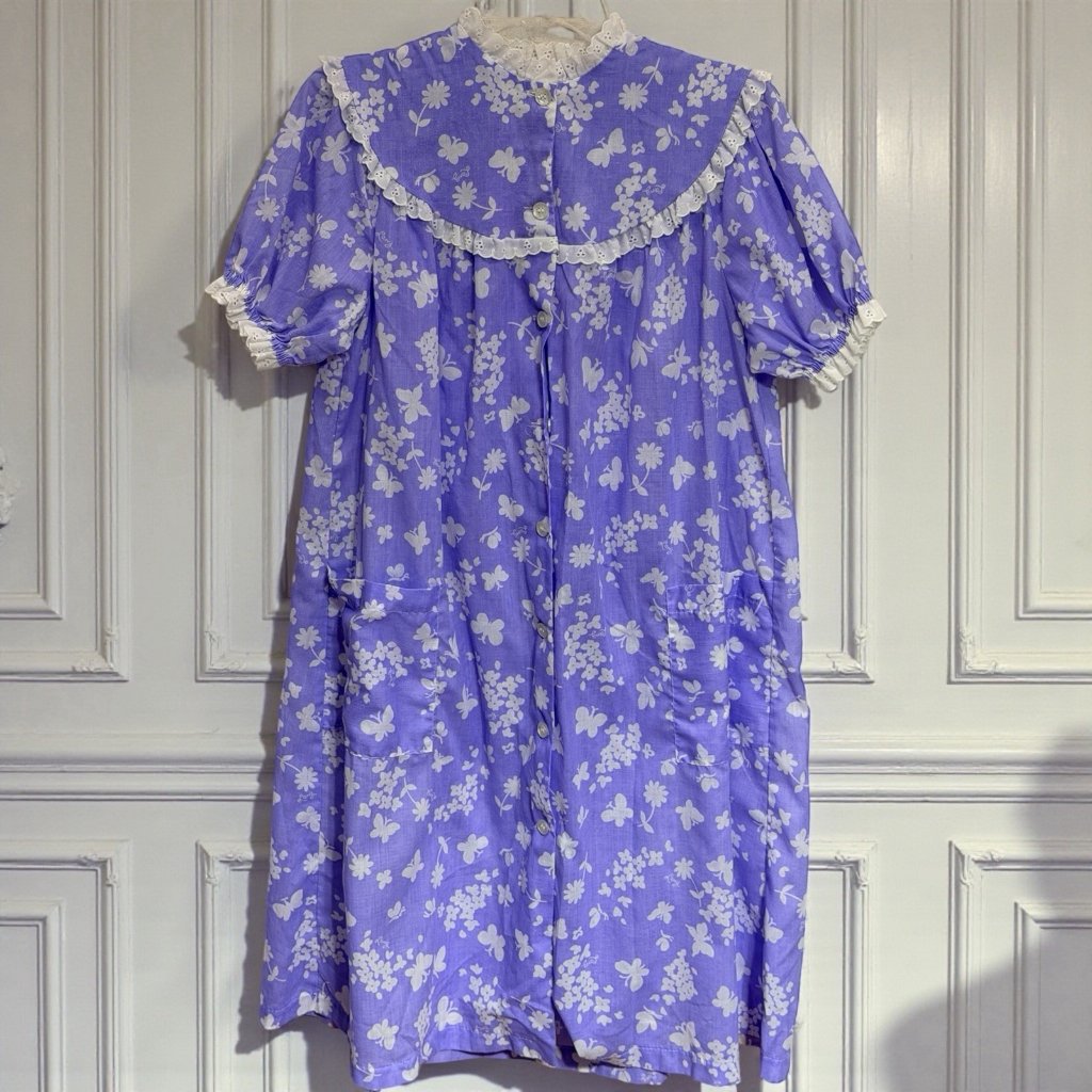 Lanz Of Salzburg Nightgown S House Dress Lounge Purple Floral Muumuu Button